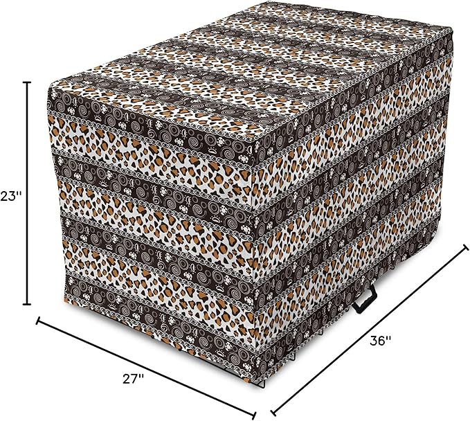 Ambesonne African Dog Crate Cover, Traditional Borders Cheetah Skin with Abstract Spirals and Circles, Easy to Use Pet Kennel Cover for Medium Large Dogs, 36 Inch, Pale Coffee Brown White