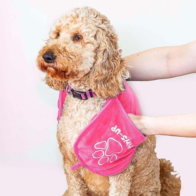 Paws-up Paw Cleaning Towel for Dogs removes mud Dirt Grass Sand allergens Machine Washable Microfiber Also Great for a Quick Dry Puppy Bath Towel with Two Hand Pockets for Control. 25.5” X 9” Pink