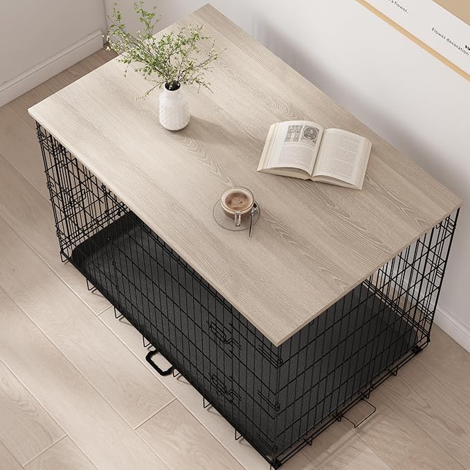 Piskyet Dog Crate Topper Wood Countertop for 48 42 36 30 24 inch Dog Cage, Dog Crate Cover,Dog Kennel Topper, 36" Grey(Crate Not Include)