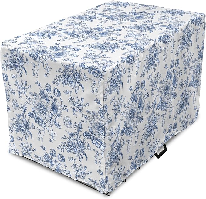 Lunarable Flowers Dog Crate Cover, Floral Themed Monochromatic Roses Peonies Bells Peas Bouquet Composition, Easy to Use Pet Kennel Cover for Medium Large Dogs, 48 Inch, White Blue