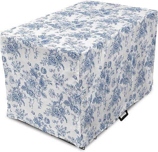 Lunarable Flowers Dog Crate Cover, Floral Themed Monochromatic Roses Peonies Bells Peas Bouquet Composition, Easy to Use Pet Kennel Cover for Small Dogs Puppies Kittens, 22 Inch, White Blue