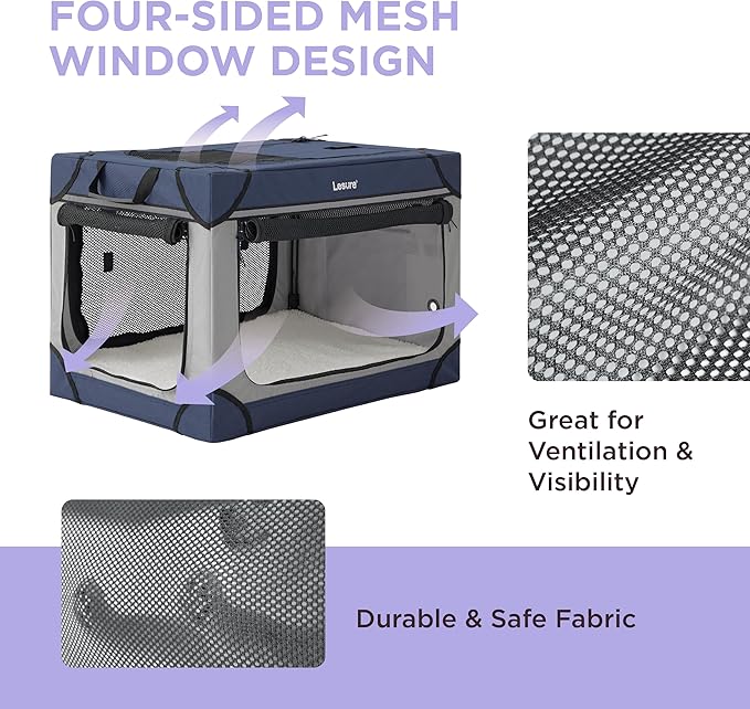 Lesure Soft Collapsible Dog Crate - 26 Inch Portable Travel Crate for Small Dogs Indoor & Outdoor, 4-Door Foldable Pet Kennel with Durable Mesh Windows, Blue