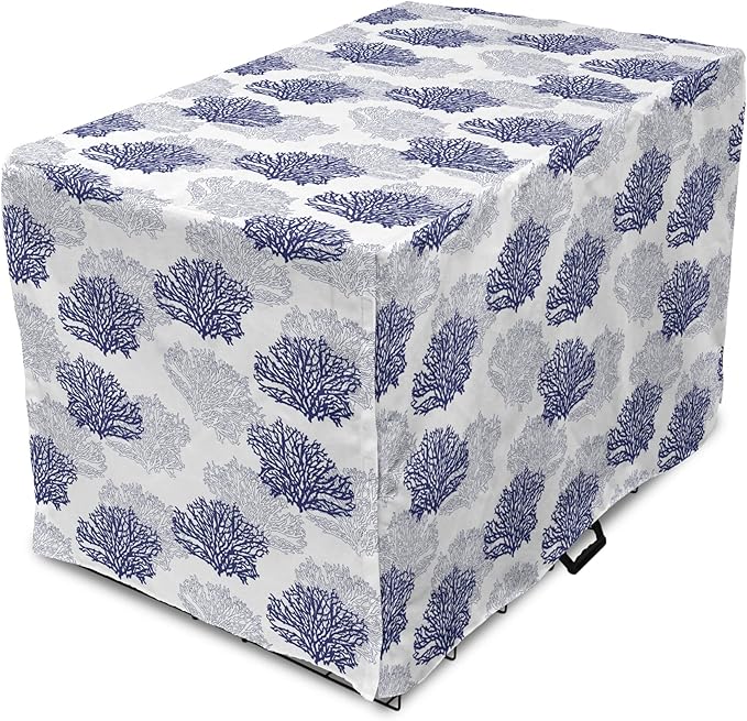 Lunarable Blue Nautical Dog Crate Cover, Demonstration of Coral Sea Plantation Drawings on a Plain Background, Easy to Use Pet Kennel Cover for Small Dogs Puppies Kittens, 22 Inch, Night Blue White