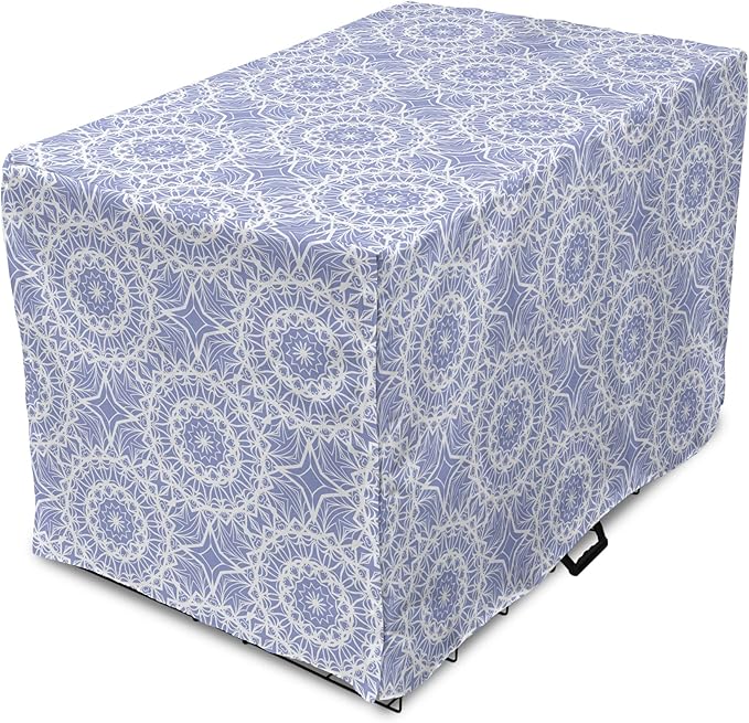 Lunarable Mandala Dog Crate Cover, Ceremonial Retro Minimal Far Eastern Pattern, Easy to Use Pet Kennel Cover for Small Dogs Puppies Kittens, 22 Inch, Lavender Blue and White