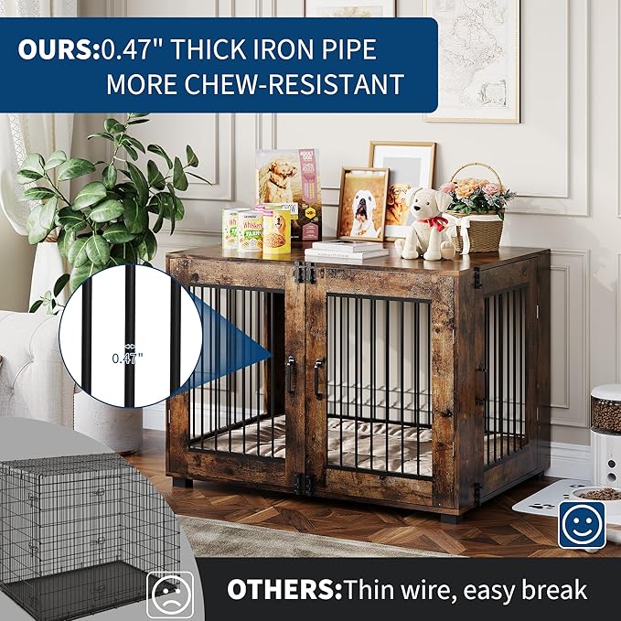 42.1" Dog Crate Furniture, Lockable Double Door Wooden Pet Crate for Indoor Use, Stylish Pet Crate End Table for Small/Large/Medium Dogs, Decorative Pet House, Functional Chic Puppy Crate Furniture