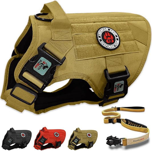 Tactical Dog Harness with Tactical Dog Leash as 1 Set for Medium Dogs; Military Style Tactical Dog Vest and Bungee Dog Leash with Car Seat Buckle | No-Pull Dog Vest and Leash Brown M