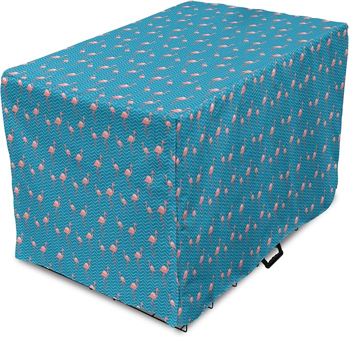 Lunarable Flamingo Dog Crate Cover, Tropical Romance Birds on Wavy Horizontal Stripes Hawaiian Love Doodle, Easy to Use Pet Kennel Cover for Cats & Medium Dogs, 24 Inch, Azure Blue and Coral
