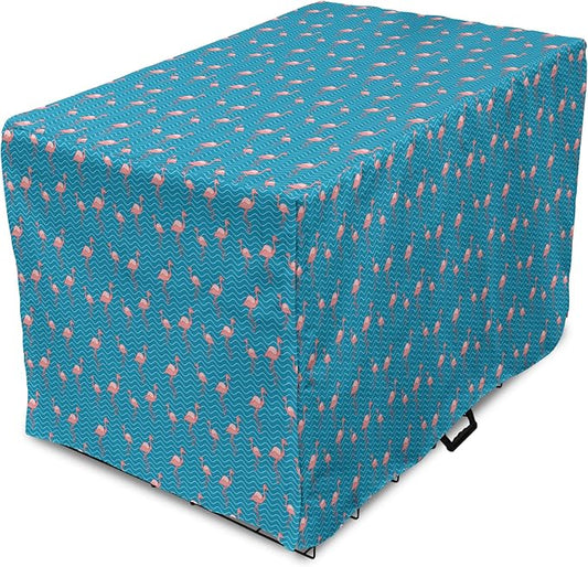 Lunarable Flamingo Dog Crate Cover, Tropical Romance Birds on Wavy Horizontal Stripes Hawaiian Love Doodle, Easy to Use Pet Kennel Cover for Small Dogs Puppies Kittens, 22 Inch, Azure Blue and Coral