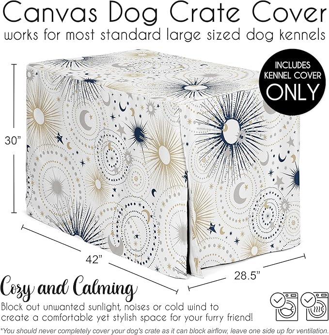 Sweet Jojo Designs Navy Blue Star and Moon Dog Crate Cover – Kennel Covers for 42 Inch Pet Cage Medium/Large - Gold Grey Celestial Sky Stars Gray Shabby Chic