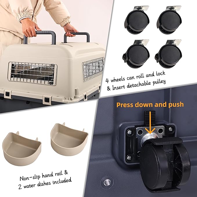 Plastic Kennels Pet Carrier Rolling Plastic Airline Approved Wire Door Travel Dog Crate, Medium (26.5" L x 20" W x 18.8" H)
