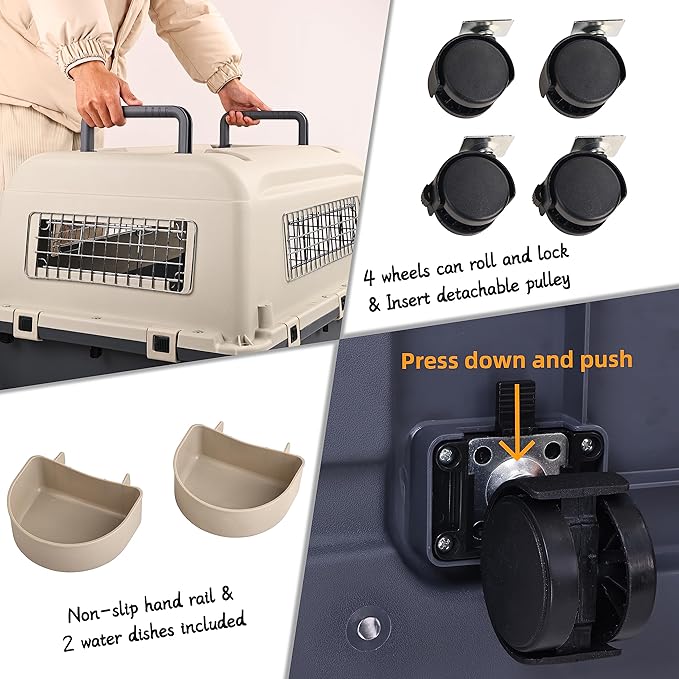 Plastic Kennels Pet Carrier Rolling Plastic Airline Approved Wire Door Travel Dog Crate, Large (30.7" L x 21.3" W x 22.8" H)