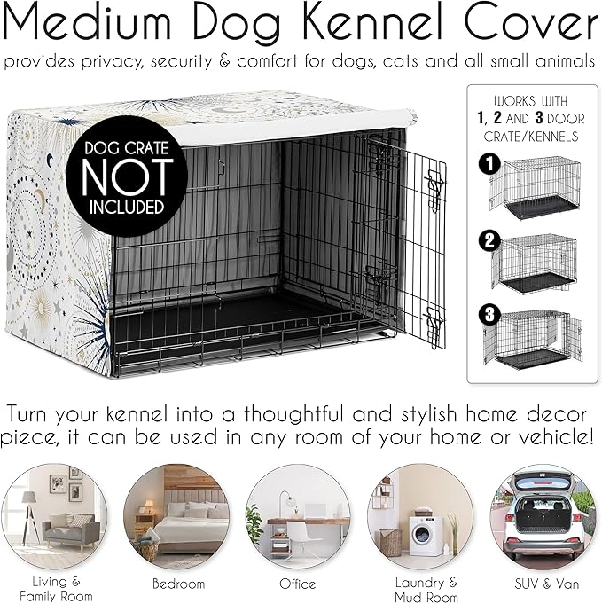 Sweet Jojo Designs Navy Blue Star and Moon Dog Crate Cover – Kennel Covers for 36 Inch Pet Cage Medium - Gold Grey Celestial Sky Stars Gray Shabby Chic