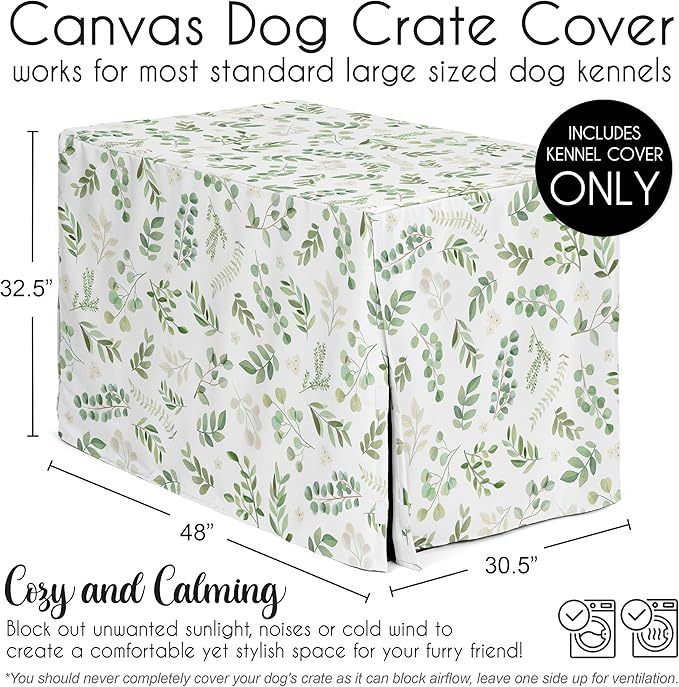 Sweet Jojo Designs Green Boho Floral Leaf Dog Crate Cover – Kennel Covers for 48 Inch Pet Cage Large - Neutral Sage White Bohemian Watercolor Botanical Flower Woodland Tropical Garden Nature