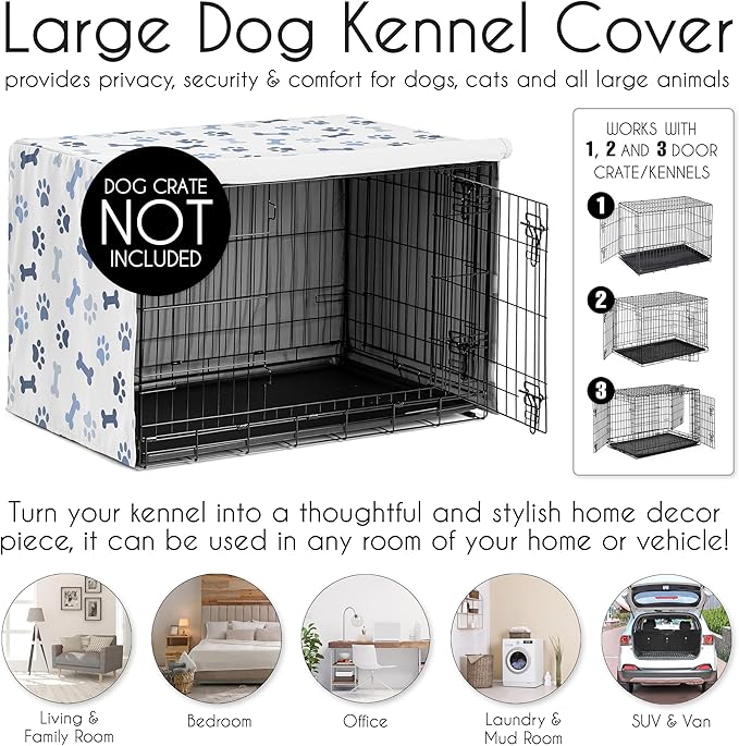Sweet Jojo Designs 48in. Large Dog Crate Cover (Bones and Paw Prints) for Boys Pet Cage, Kennel Covers (Modern, Cartoon, Doggy, Puppy, Neutral, Paws Print, Whimsical, Playful, Slate Navy Blue)