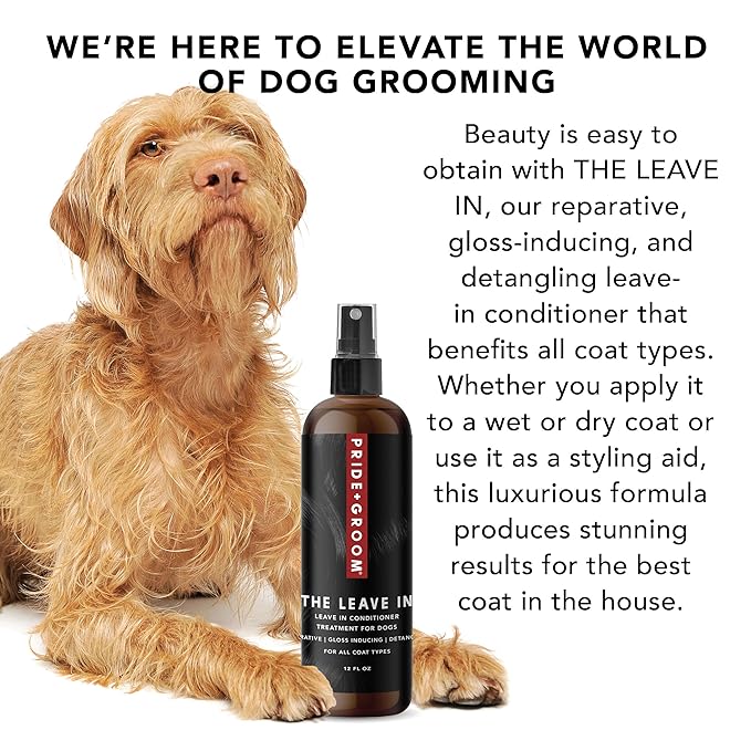 Pride and Groom The Leave in – Dog Conditioner and Detangler Spray Made in USA with Clean Ingredients & Signature Scent to Nourish, Moisturize, Repair, & Add Shine to All Pet Coat Types – 12 fl oz