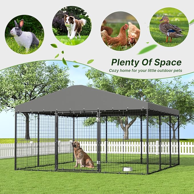 Kurapika Large Outdoor Dog Kennel, Heavy Duty Dog Cage with Waterproof Roof, Galvanized Steel Dog Fence with Double Secure Lock for Patio & Garden (118" L x 118" W x 70.9" H)