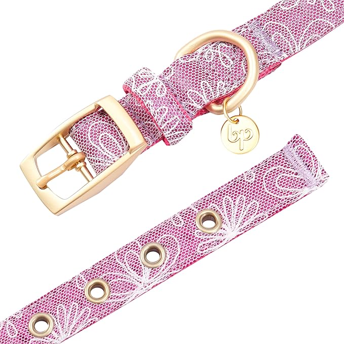 Blueberry Pet 4 Colors Glam Life Lace Floral Stamping Adjustable Dog Collar in Iconic Pink, Neck 9-12.5", for Small Breed