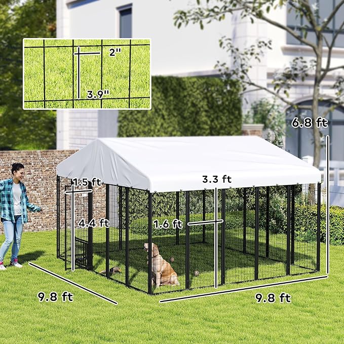 PawHut 9.8' x 9.8' x 6.8' Outdoor Dog Kennel, Welded Wire Heavy Duty Dog Run with 360° Rotating & 4 Level Adjustable Bowls, Dog Kennel Outside with Waterproof & UV Resistant Cover, for S&M&L Dogs