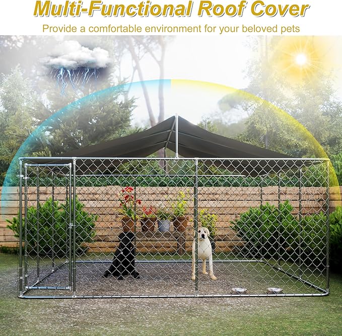 Outdoor Dog Kennel Dog Crate with Lockable Swing Gate,Water & UV Resistant Dog Enclosure Outdoor W/Pitched Roof,Heavy Duty Dog Pens Dog House Outside for Large Dogs,Gray(157"x 157")
