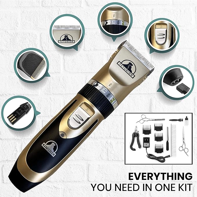 Pet Union Professional Dog Grooming Kit - Rechargeable, Cordless Pet Grooming Clippers & Complete Set of Dog Grooming Tools. Low Noise & Suitable for Dogs, Cats and Other Pets (Gold)