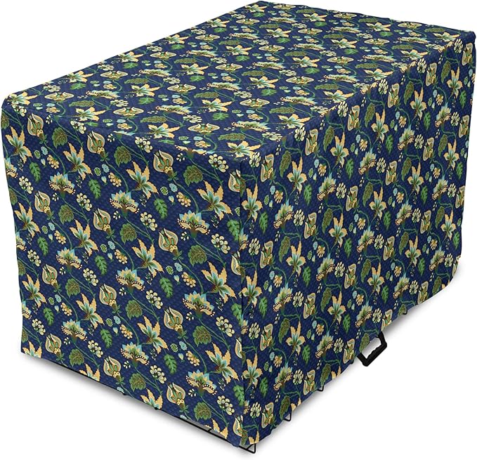 Lunarable Jacobean Dog Crate Cover, Triangles with Floral Pattern Stalks Leaves Flowers Whimsical Nature, Easy to Use Pet Kennel Cover for Cats & Medium Dogs, 30 Inch, Dark Blue Green Mustard
