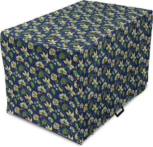 Lunarable Jacobean Dog Crate Cover, Triangles with Floral Pattern Stalks Leaves Flowers Whimsical Nature, Easy to Use Pet Kennel Cover for Medium Large Dogs, 42 Inch, Dark Blue Green Mustard