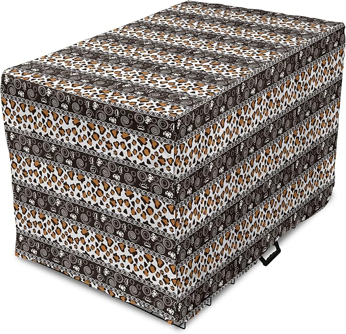 Ambesonne African Dog Crate Cover, Traditional Borders Cheetah Skin with Abstract Spirals and Circles, Easy to Use Pet Kennel Cover for Cats & Medium Dogs, 30 Inch, Pale Coffee Brown White