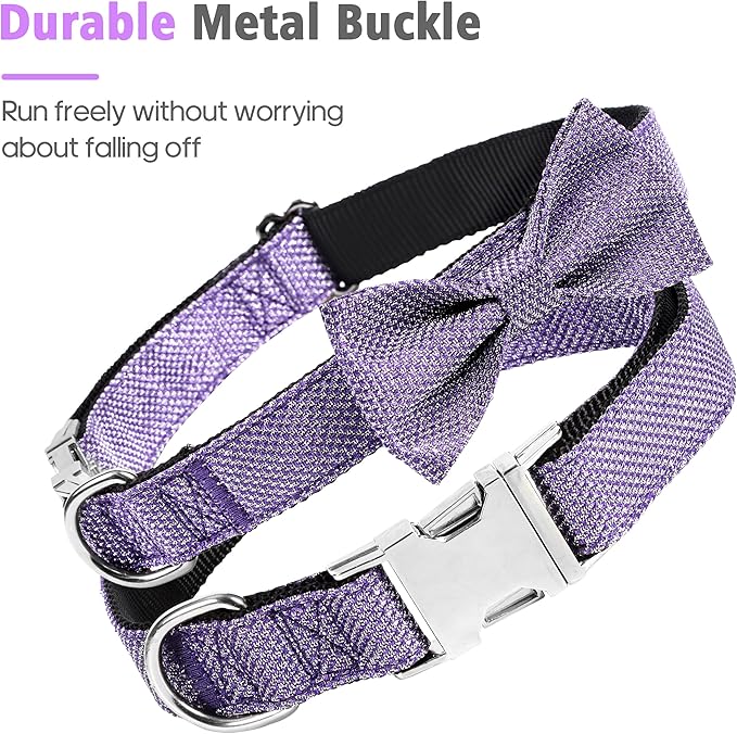 Dog Collar with Bow for Small Medium Large Dogs, Cute Bling Dog Bow Tie Collar with Metal Buckle, Soft & Durable for Small Dogs Walking (Purple, S)