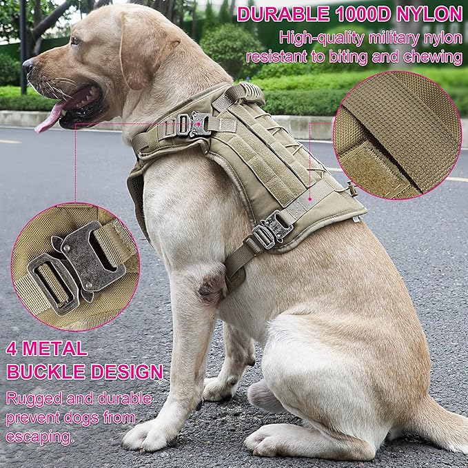 Tactical Dog Harness with All 4 Metal Buckle, Working Dog Vest with Reflective Patch and Reflective Do Not Pet Patch, Dog Vest Harnesses with Handle, Black for Small,Medium, Large Dog, Brown XL