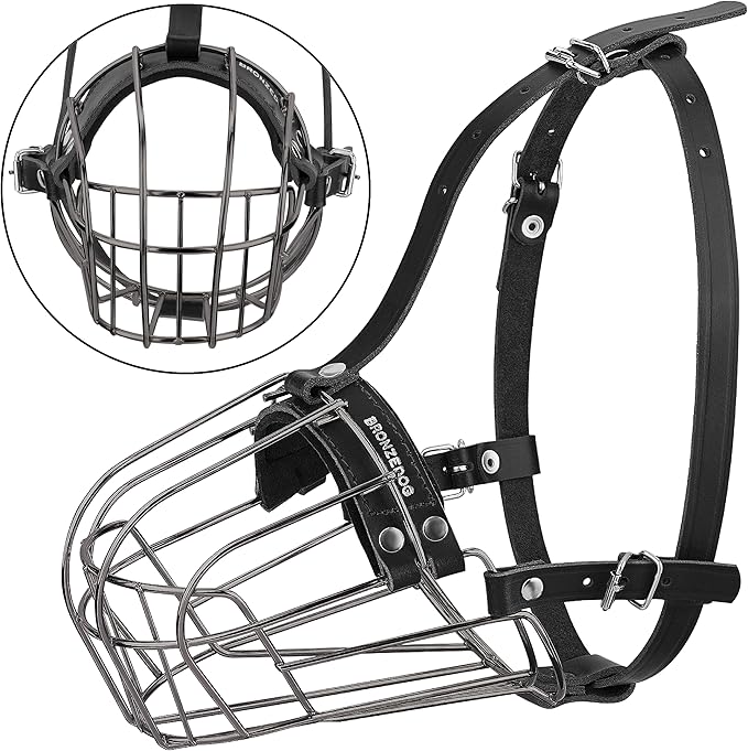 BRONZEDOG Pitbull Dog Muzzle Metal Mask Amstaff Wire Basket Pit Bull Adjustable Leather Straps for Large Dogs (Graphite Metal)