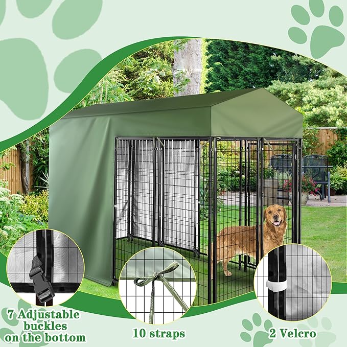 Outdoor Dog Kennel Cover Half Coverage for 8'Dx4'Wx6'H 600D Heavy Duty Waterproof Kennel Covers for Dog Cages(Cover Only) Greenish Color