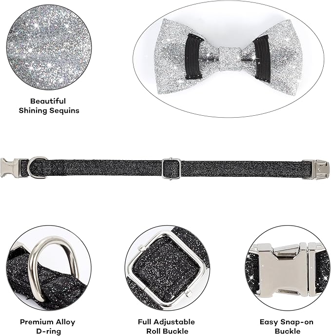 Bling Bow Tie Dog Collar and Leash Set, Cute Black Boy Dog Collar with Bow and 5ft Leash for Puppy Small Dogs Daily Walking or Holiday Party (Neck fit 9-12’’)