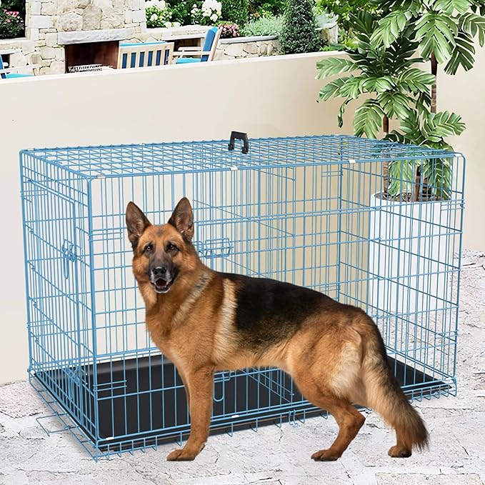 FDW Extra Large Dog Crate Dog Kennel Cage with Double Door,48 inch Folding Metal Wire Dog Cage with Removable Tray&Divider Panel,Pet Crate for Large Dogs,Blue