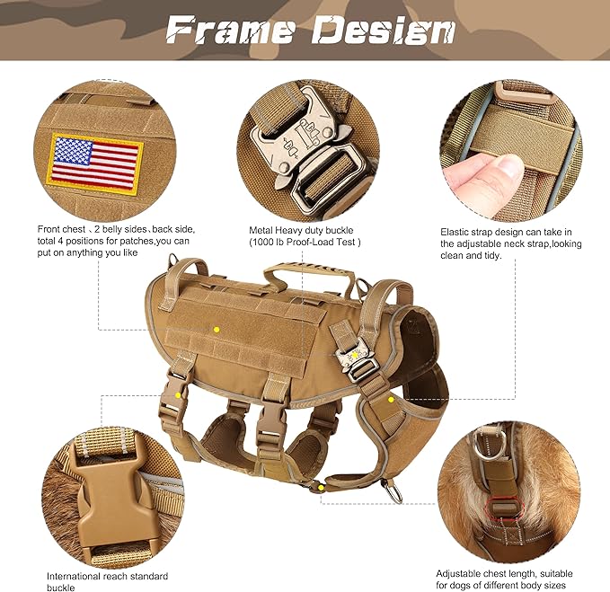 PET ARTIST [Upgrade] Tactical Dog Harness for Hiking Training, No Pull Vest Harness for Medium Large Dogs, with Pouches and Patches Brown, L