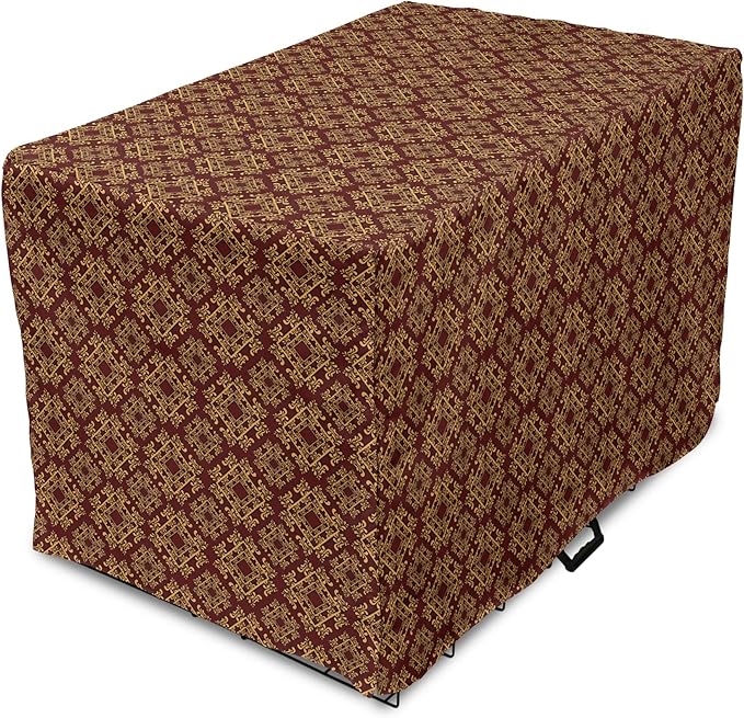 Lunarable Burgundy Dog Crate Cover, Royal Victorian Pattern with Antique Design Elements Baroque Swirls Squares, Easy to Use Pet Kennel Cover for Medium Large Dogs, 42 Inch, Burgundy Mustard