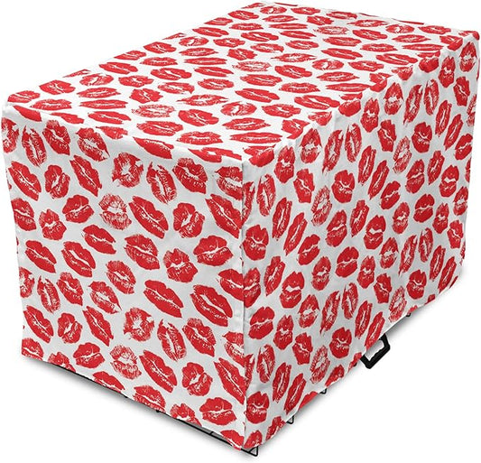 Lunarable Kiss Dog Crate Cover, Rhythmic Make up Red Luscious Lips Lipstick Imprint Illustration, Easy to Use Pet Kennel Cover for Small Dogs Puppies Kittens, 22 Inch, Dark Pink and White