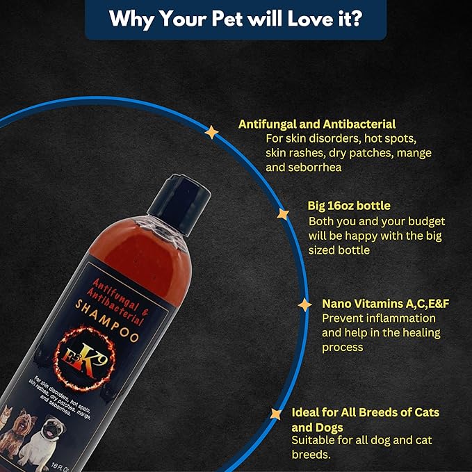 E3K9 Medicated Dog & Cat Shampoo - Antifungal & Itchy Skin Relief with Ketoc & Thymol - Hot Spot, Mange, Seborrhea Treatment - Antifungal Dog Shampoo for Yeast