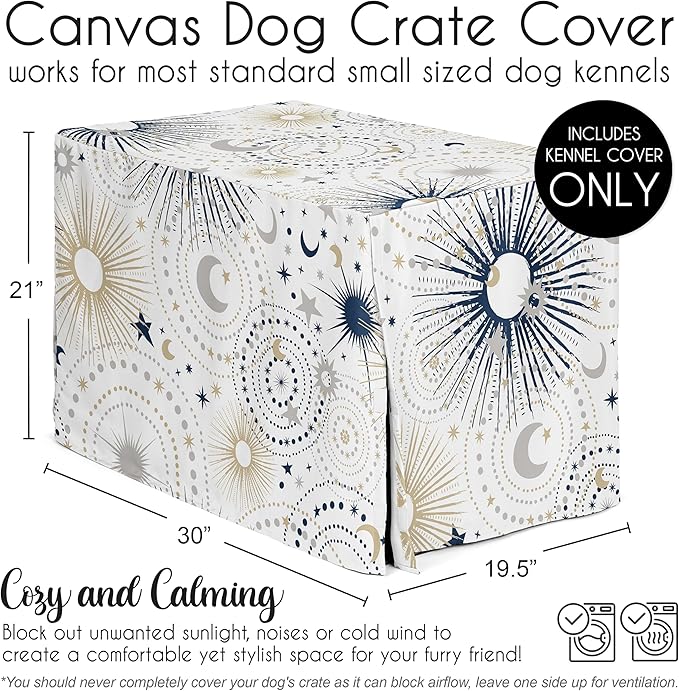 Sweet Jojo Designs Navy Blue Star and Moon Dog Crate Cover – Kennel Covers for 30 Inch Pet Cage Small/Medium - Gold Grey Celestial Sky Stars Gray Shabby Chic