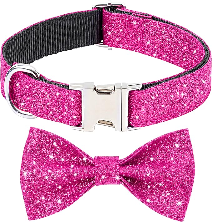 Bling Bow Tie Dog Collar and Leash Set, Cute Pink Girl Dog Collar with 5ft Leash for Small Medium Dogs Daily Walking or Holiday Party (Hot Pink, Neck fit 11-16’’)