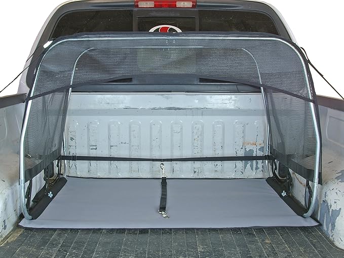 Bushwhacker K9 Canopy with Pad and Tether – Truck Bed Dog Shade Shelter and Kennel Tent – Hut with Leash Restraint, Vehicle Crate Barrier, and Tie-Out Cover for UTVs