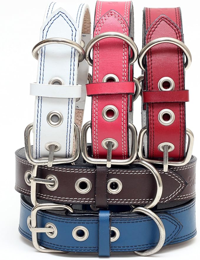 Premium Leather Collars with Stainless Steel Buckles (15"-18", Pink)