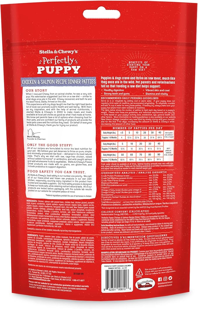 Stella & Chewy's Freeze Dried Raw Dinner Patties – Crafted for Puppies – Grain Free, Protein Rich Perfectly Puppy Chicken & Salmon Recipe – 5.5 oz Bag