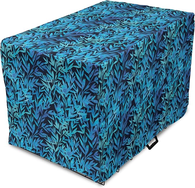 Lunarable Leaf Print Dog Crate Cover, Watercolor Hawaiian Inspired Nature Exotic Silhouettes on Dark Back, Easy to Use Pet Kennel Cover for Medium Large Dogs, 36 Inch, Violet Blue Turquoise