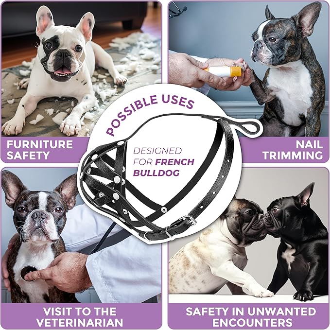 Soft Leather French Bulldog Muzzle – Frenchie Muzzle for Biting and Grooming – Short Snout Dog Muzzle for Small Brachycephalic Breed Dogs: Pug, Shih Tzu, Bulldogs, Boston Terrier (M Size)
