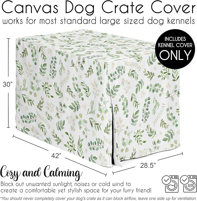 Sweet Jojo Designs Green Boho Floral Leaf Dog Crate Cover – Kennel Covers for 42 Inch Pet Cage Medium/Large - Neutral Sage White Bohemian Watercolor Botanical Flower Woodland Tropical Garden Nature