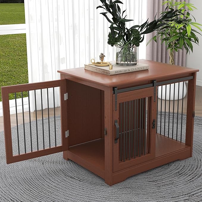TAOHFE Solid Wood Dog Crate Furniture, Dog Kennel Indoor for Small Dogs with 2 Types Doors, Solid Wood Small Dog Crates Farmhouse Style, Dog Kennel Furniture for Dogs to Play & Rest