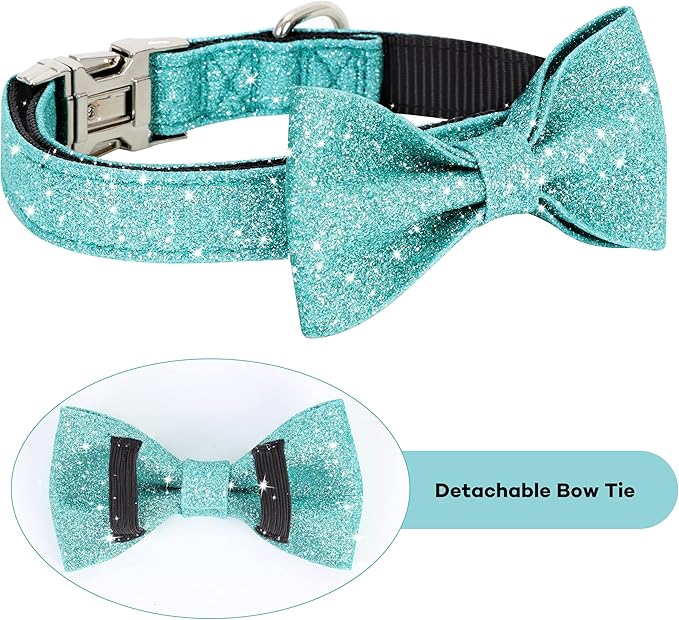 Bling Dog Bow Tie Collar for Puppy Small Medium Dogs, Cute Teal Boy Dog Collar with Bow for Daily Walking or Christmas Holiday (Neck fit 11-16’’)