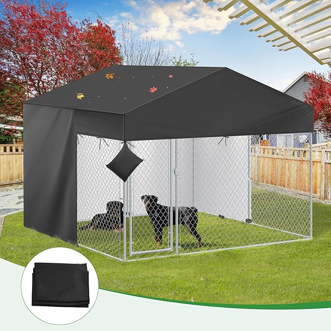 Outdoor Dog Kennel Cover Half Coverage for 10x10FT 600D Heavy Duty Waterproof Kennel Covers for Dog Cages(Cover Only) Black