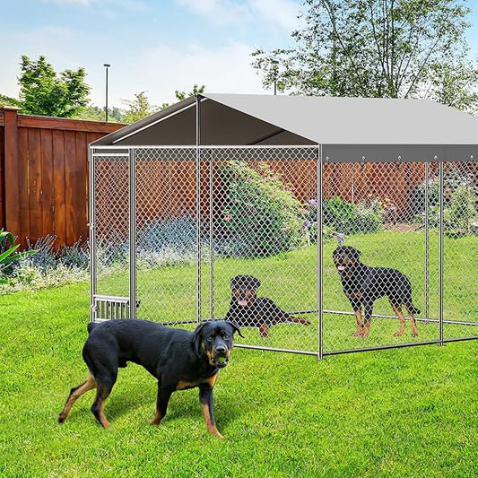 10x10x7 Ft Outdoor Dog Kennel, Heavy Duty Outside Dog Kennel with Waterproof and Anti-UV Roof Cover, Large Dog Enclosures with Feeder for Backyard