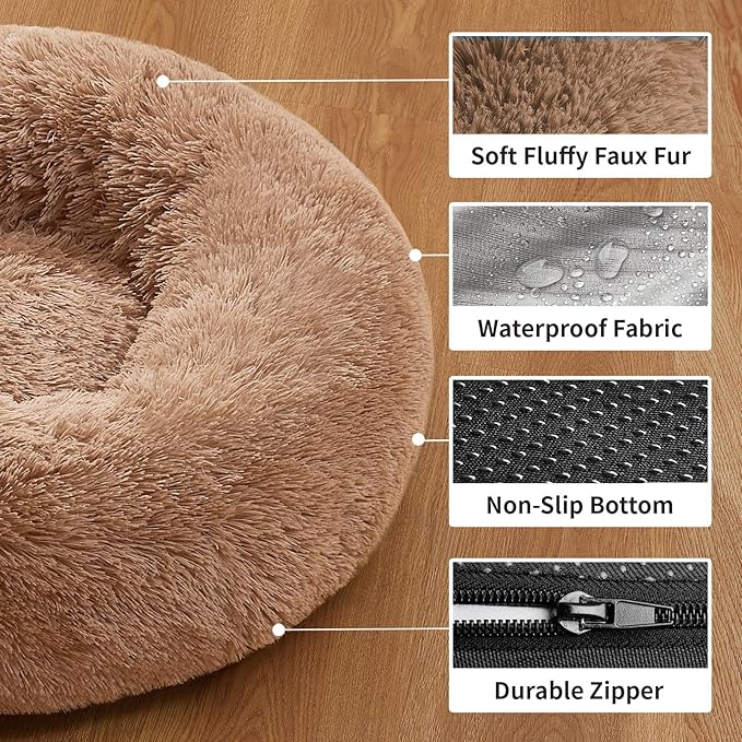 OhGeni Calming Donut Dog & Cat Bed Pillow, Machine Washable Plush Warming Bed, Anti-Slip Round Cuddle Comfort Pet Bed, Pillow Design Cozy Fluffy Faux Fur Bed for Small Medium Dogs, Ocher, 23 inches